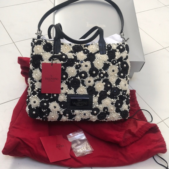 VALENTINO GARAVANI Tote Flowers Silk Faux Pearls - Picture 2 of 6